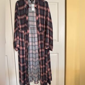 Torrid Plaid Longline Cardigan - Pink and Gray